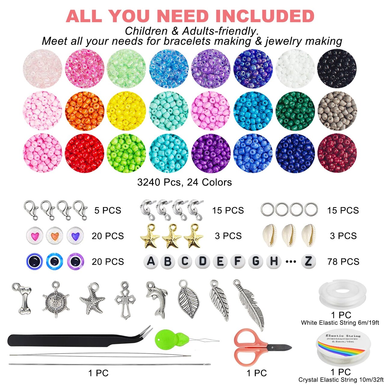 3400 Pieces 4mm Glass Seed Beads for Jewelry Bracelet Making Kit, Small Beads Friendship Bracelet Kit, Tiny Waist Beads Kit with Letter Beads and Elastic String, DIY Art Craft Girls Gifts.